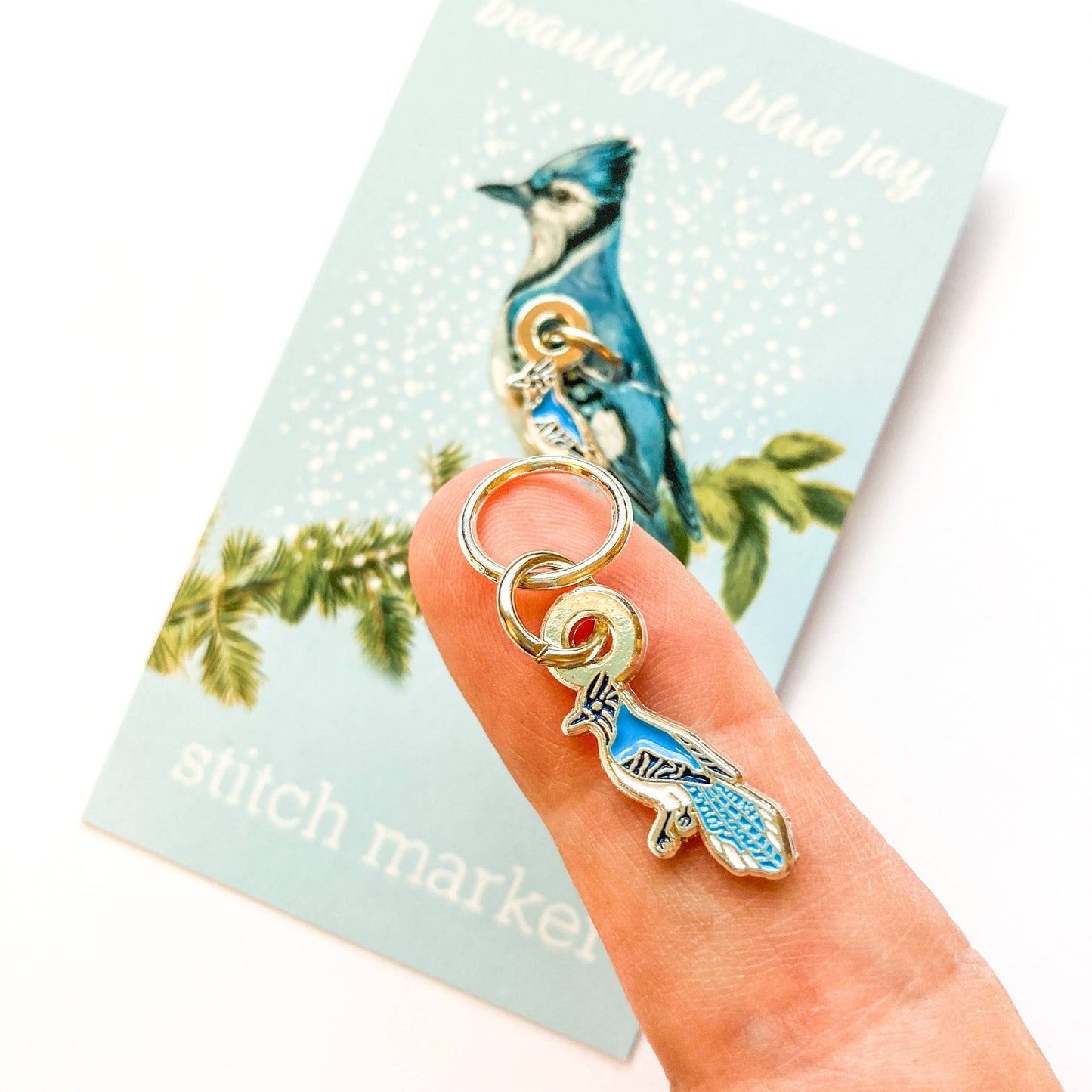 Winter single stitch marker, Custom Firefly Notes, progress: Round blue jay